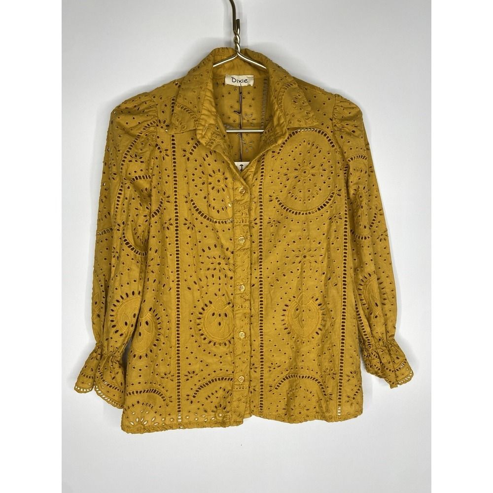 Dixie Senape Yellow Eyelet Button Up Womens Long Sleeve XS New